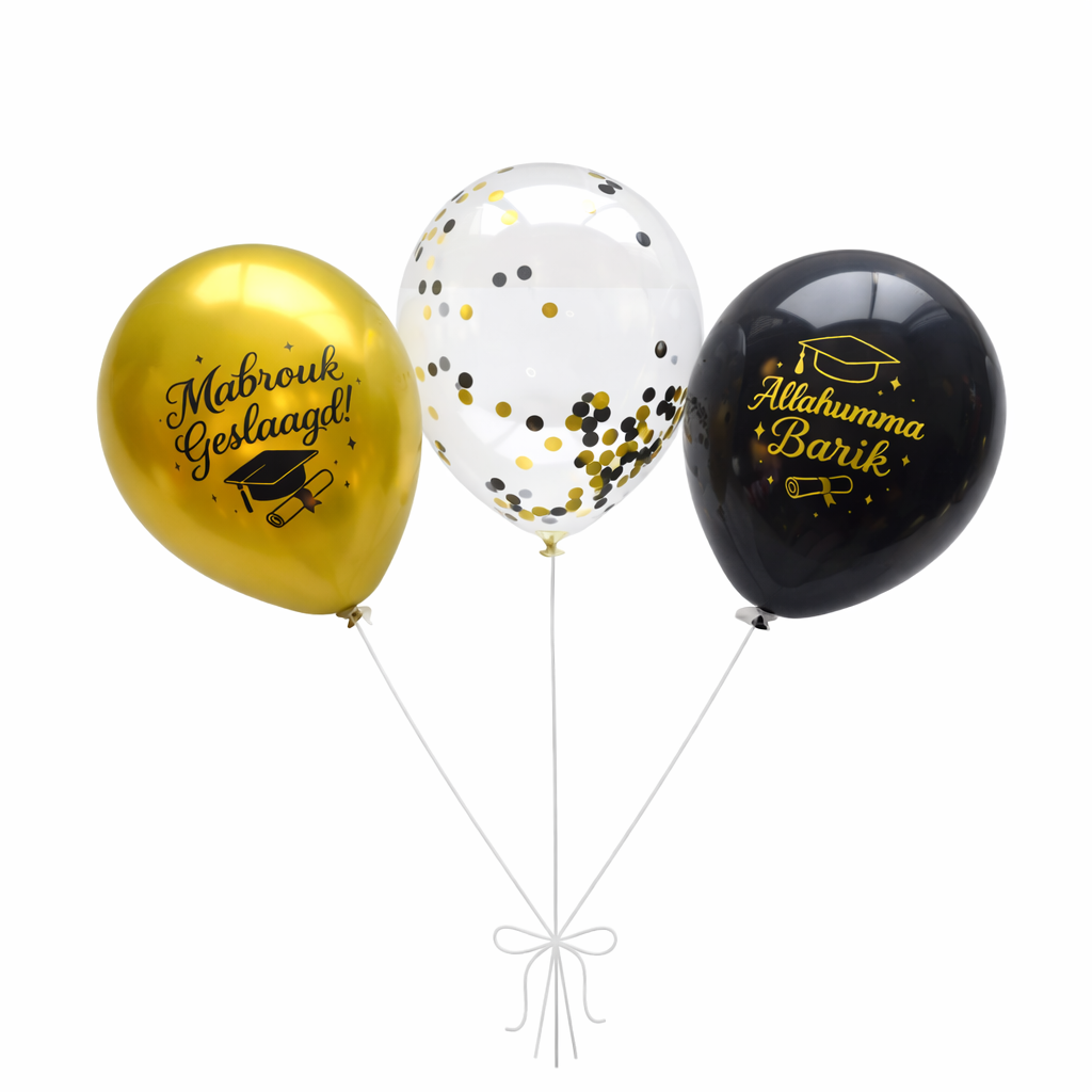Graduation Ballonnen Set – Mabrouk Geslaagd & Allahumma Barik (12 stuks)