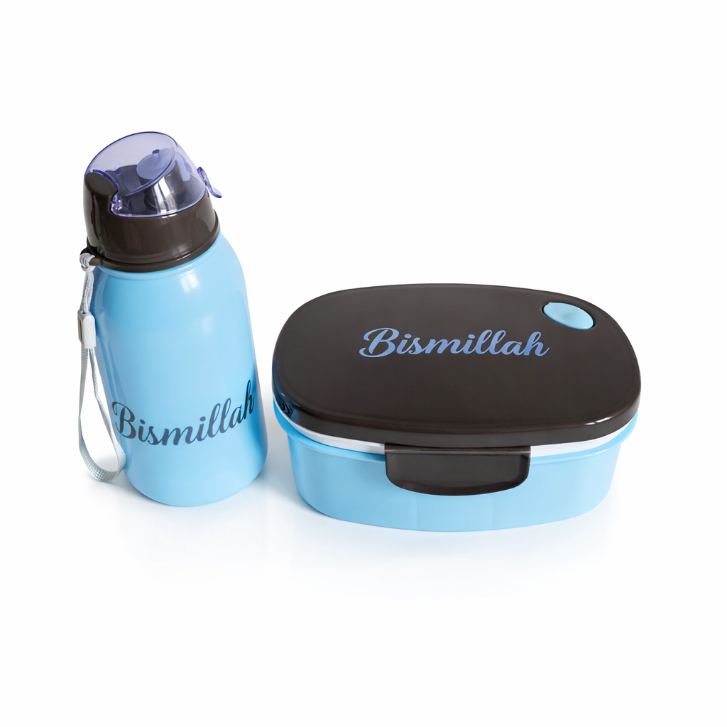 Blauwe Bismillah Lunchbox & Drinkfles – Islamitische Set voor School, Werk & Onderweg