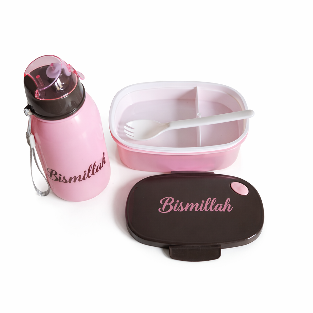 Roze Bismillah Lunchbox & Drinkfles – Islamitische Set voor School, Werk & Onderweg