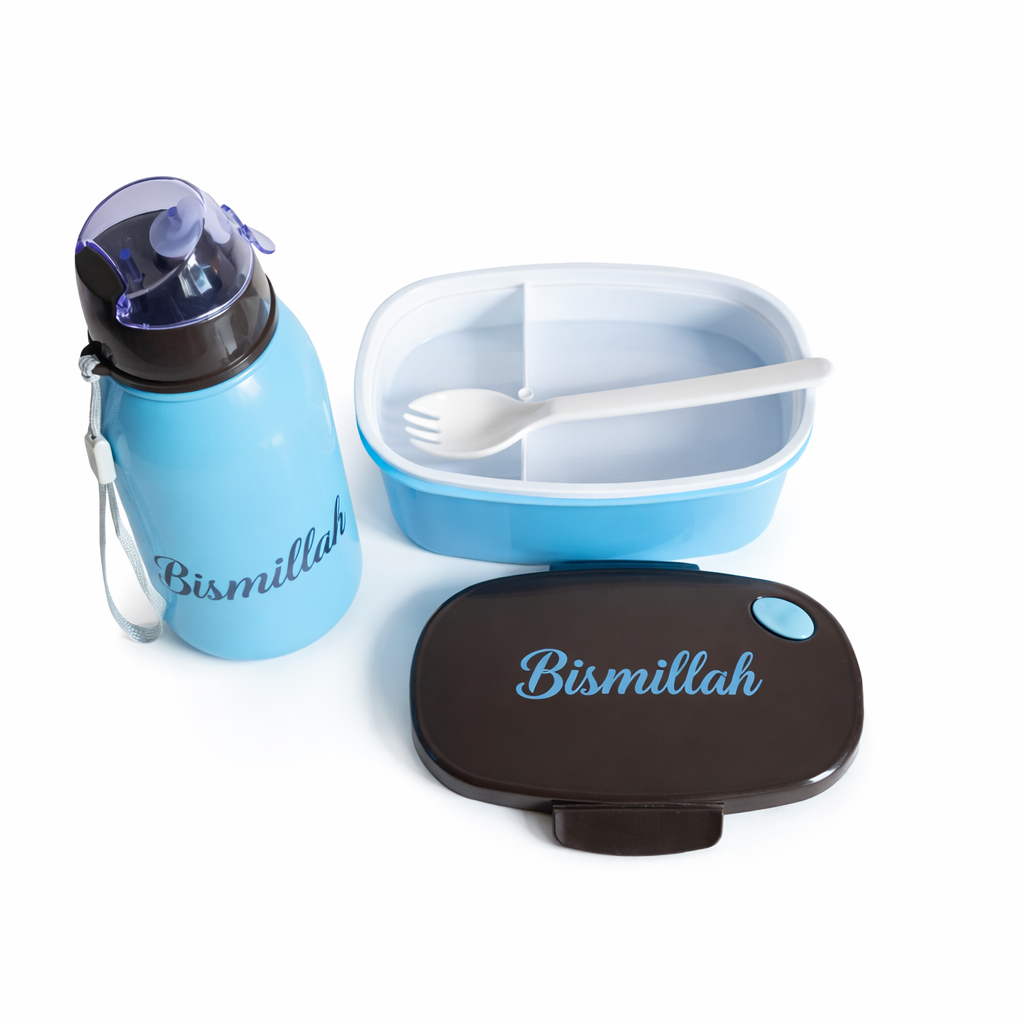 Blauwe Bismillah Lunchbox & Drinkfles – Islamitische Set voor School, Werk & Onderweg