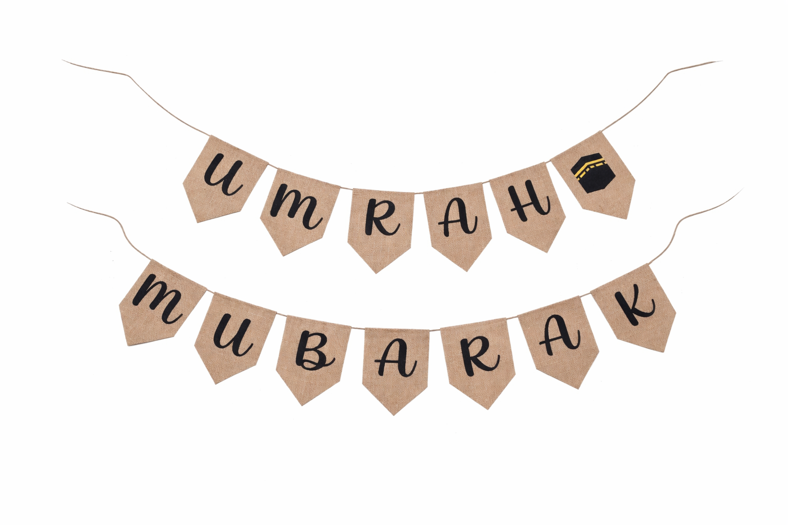 Umrah Mubarak Slinger – Jute Banner met Zwarte Letters | Spirituele & Stijlvolle Decoratie