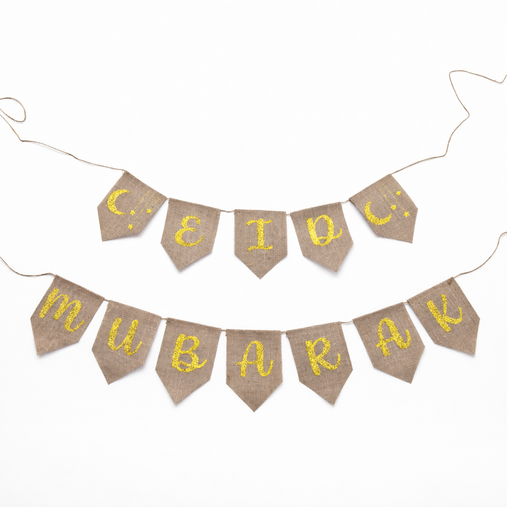 Eid Mubarak Slinger – Jute Banner met Gouden Glitterletters | Luxe & Traditionele Feestdecoratie
