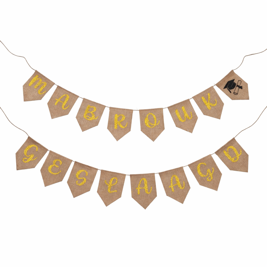 Mabrouk Geslaagd Slinger – Jute Banner met Gouden Letters