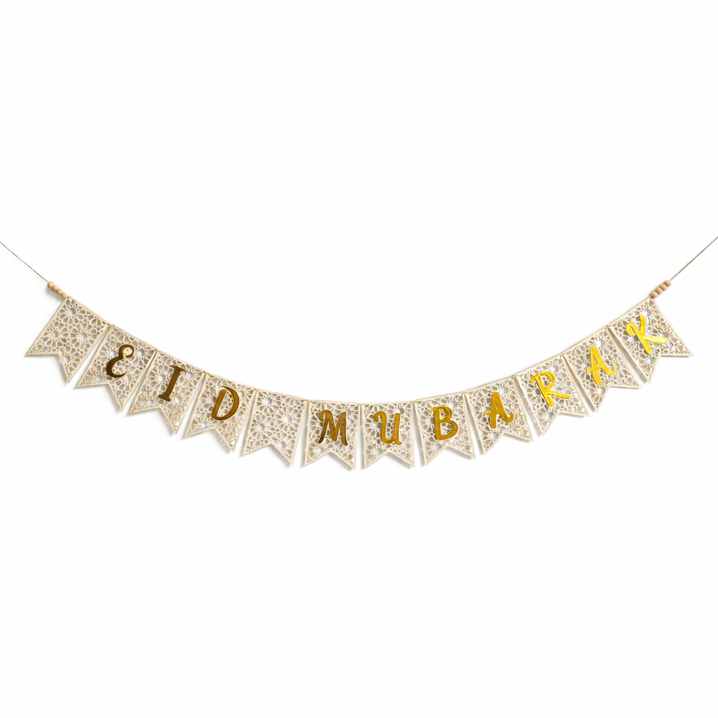 Eid Mubarak Banner – Houten Slinger met Gouden Letters | Luxe Feestdecoratie