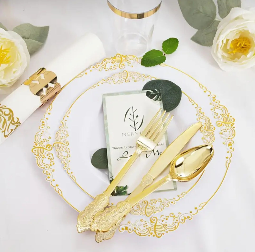 25 Delig Luxe Wit/Gouden Plastic Tafelservies – Complete Set voor Feestelijke Gelegenheden