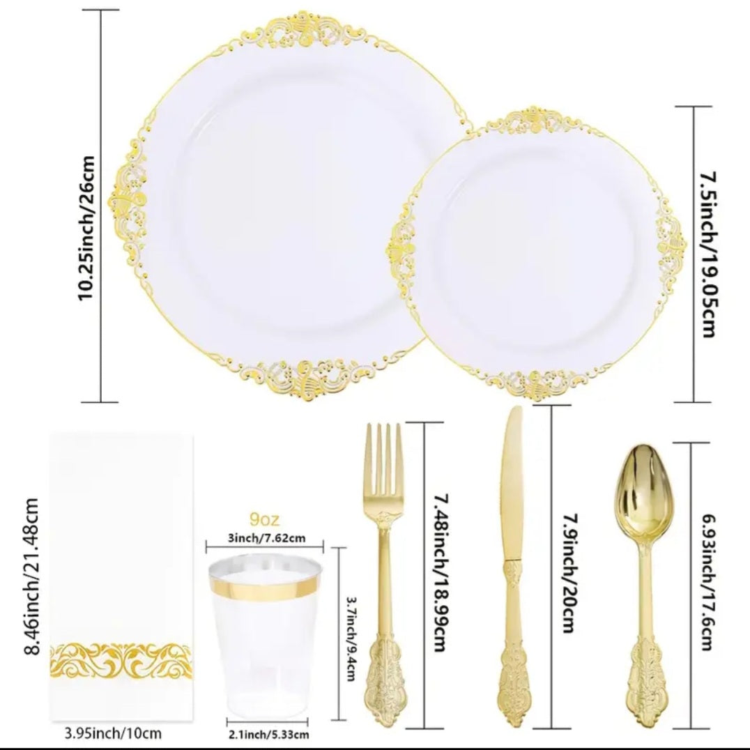 25 Delig Luxe Wit/Gouden Plastic Tafelservies – Complete Set voor Feestelijke Gelegenheden