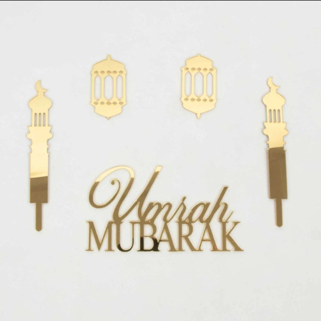 5 Umrah Mubarak Cupcake Toppers – Luxe Gouden Design