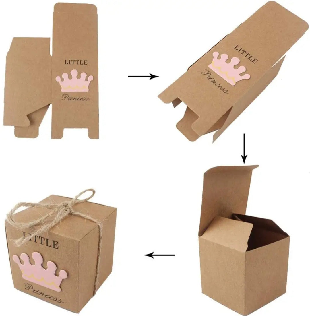 25 Little Princess Bedankdoosjes – Luxe Kraft Verpakking met Kroontje en Jute Strik