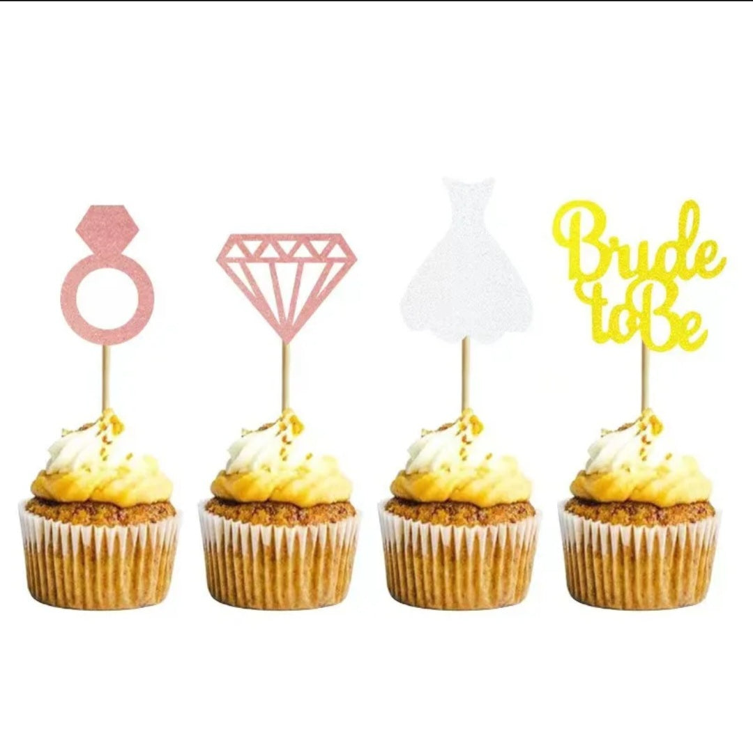 12 Cupcake Toppers – Bruiloft & Bridal Shower Decoraties (Ring, Diamant, Jurk, Bride to Be)